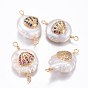 Natural Pearl Links Connectors, with Brass Cubic Zirconia Findings, Nuggets with Shell, Golden