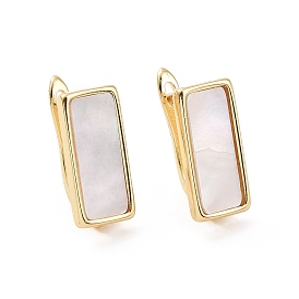 Rack Plating Brass Hoop Earring Findings with Latch Back Closure, with Natural White Shell and Horizontal Loop, Rectangle