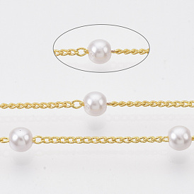 Chaînes en laiton faites à la main, avec perles en plastique imitation perles rondes en ABS, soudé, avec bobine, blanc crème