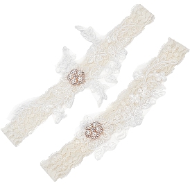 Lace Elastic Bridal Garters, with Rhinestone & Peal and Flower Pattern, Wedding Garment Accessories