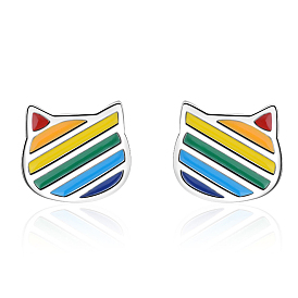 Rainbow Color Pride Flag Enamel Cat Stud Earrings, Platinum Brass Jewelry for Women