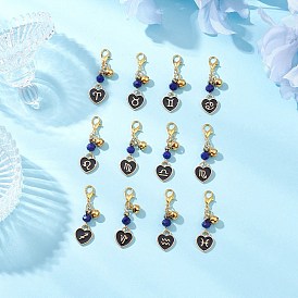 12 шт. 12 стили двенадцать созвездий сплав черная эмаль с подвесками в виде сердца синего стекла, с карабин-лобстерами 