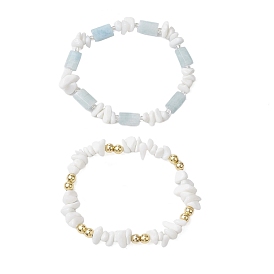 2Pcs 2 Style Natural Aquamarine Column Beaded Stretch Bracelets Sets, Glass Stackable Bracelets for Women