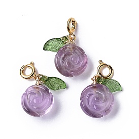 Natural Amethyst Rose Spring Ring Clasp Charms, Rack Plating Brass Spring Ring Clasps