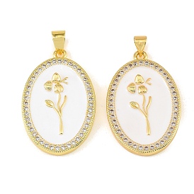 Brass Micro Pave Clear Cubic Zirconia Pendants, with White Enamel, Oval with Flower Charms