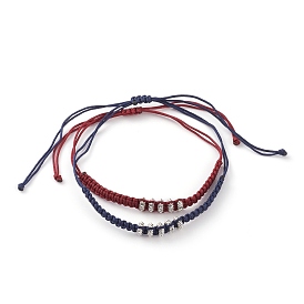 Bracelets couple ensembles, bracelets de perles de nylon tressés réglables, avec des pains d'espacement en alliage plaqué argent antique, plat rond