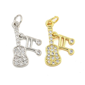 Rack Plating Brass Micro Pave Clear Cubic Zirconia Pendants, with Jump Ring, Cadmium Free & Lead Free, Long-Lasting Plated, Guitar