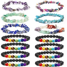 Natural Crystal Stone Chip Bracelet with Volcanic Rock and Seven Color Beads