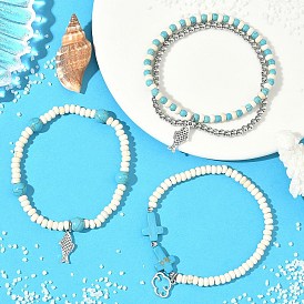 3Pcs 3 Styles Alloy Charm Bracelets, Synthetic Turquoise & Brass Beaded Stretch Bracelets Set for Women