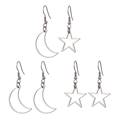 3 Pairs 3 Style Alloy Dangle Earrings Set, Asymmetrical Earrings, Hollow Star & Moon