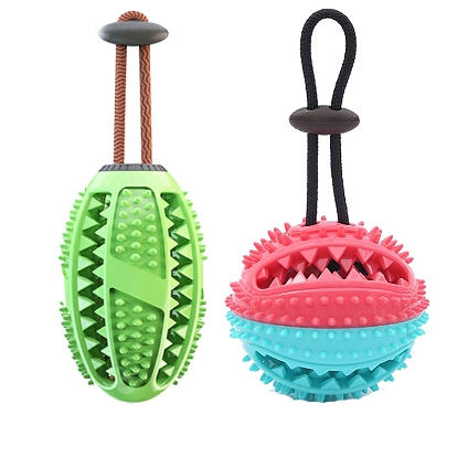 Bumpy TPR Rubber Dog IQ Treat Round/Oval Ball, Pet Food Dispenser with Hanging Rope, Leaky Slow Feeder, Dog Chew Teether Toy