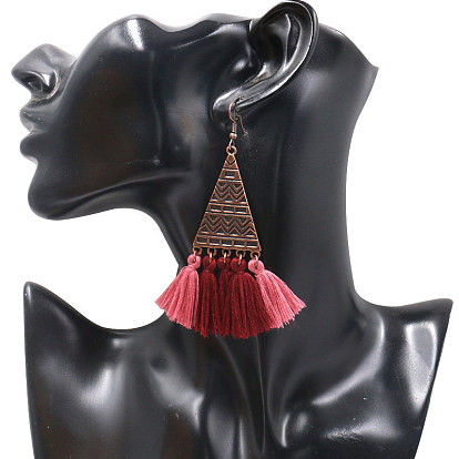 Eethnic Style Alloy Dangle Chandelier Earrings, with Yarn Tassel, Triangle, Red Copper