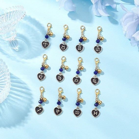 12 шт. 12 стили двенадцать созвездий сплав черная эмаль с подвесками в виде сердца синего стекла, с карабин-лобстерами 