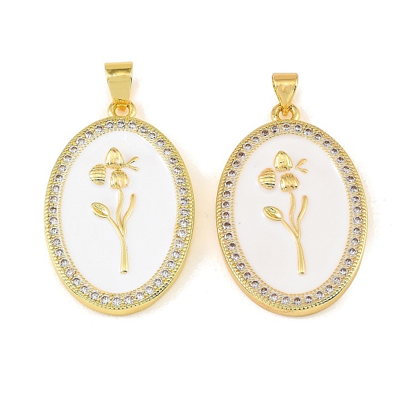 Brass Micro Pave Clear Cubic Zirconia Pendants, with White Enamel, Oval with Flower Charms