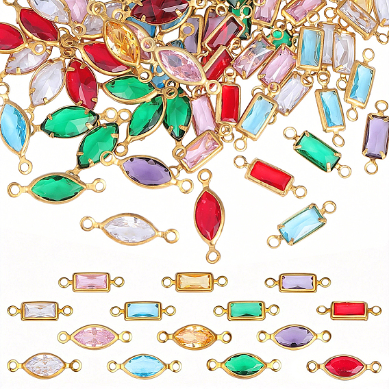 84 pièces 14 styles laiton pavé k9 breloques connecteur en verre, sans cadmium et sans plomb, Liens œil de cheval et rectangle, or