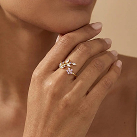 Brass Micro Pave Colorful Cubic Zirconia Cuff Rings, Leaf & Flower Open Rings for Women