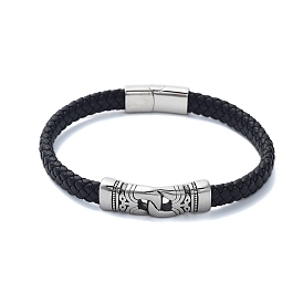 Men's Braided Black PU Leather Cord Bracelets, Knot 304 Stainless Steel Link Bracelets with Magnetic Clasps