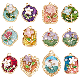 12Pcs 12 Styles Alloy Enamel Pendants, with ABS Imitation Pearl, Rack Plating, Long-Lasting Plated, Lead Free & Cadmium Free & Nickel Free, Golden