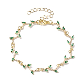 Женские браслеты из латуни с зеленым кубическим цирконием и звеньями в виде ветвей
