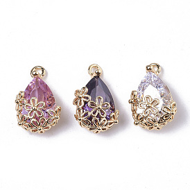 Brass Pendants, with Faceted Glass, Teardrop with Flower, Real 18K Gold Plated, Nickel Free