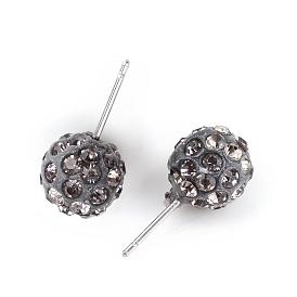 Ball Stud Earrings, Six Rows Handmade Polymer Clay Rhinestone Earrings, with Iron Pins