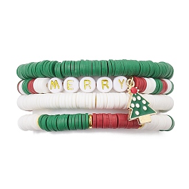 4Pcs 4 Style Handmade Polymer Clay Stretch Bracelets Set, Stackable Christmas Bracelets for Women