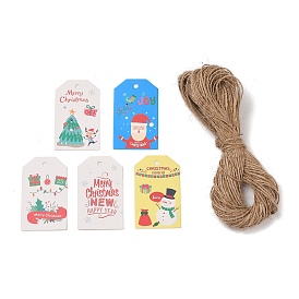 50Pcs Christmas Theme Paper Printed Gift Tags, with Hemp Rope, Rectangle