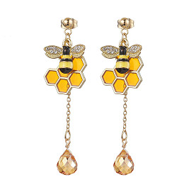 Honeycomb & Bees Alloy Enamel Dangle Earrings, Brass Stud Earrings for Women, Teardrop