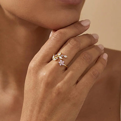 Brass Micro Pave Colorful Cubic Zirconia Cuff Rings, Leaf & Flower Open Rings for Women