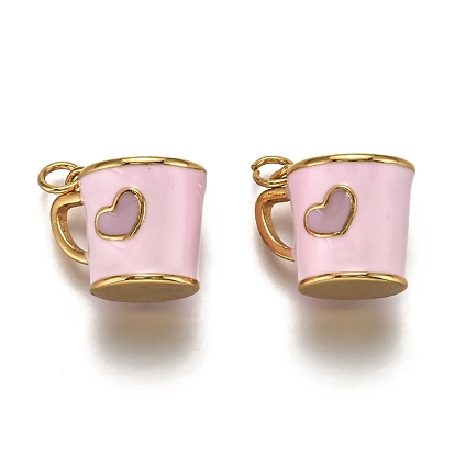 Brass Pendants, with Enamel and Jump Rings, Cup with Heart Pattern, Real 18K Gold Plated