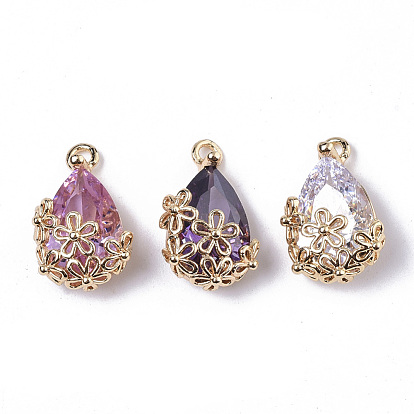 Brass Pendants, with Faceted Glass, Teardrop with Flower, Real 18K Gold Plated, Nickel Free