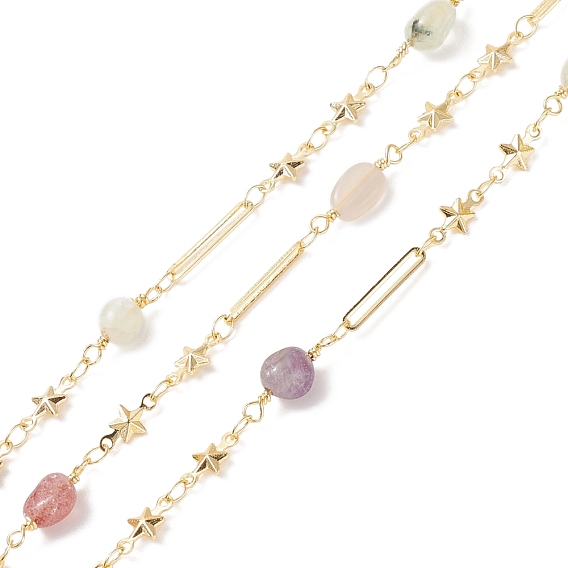 Brass Star & Oval Link Chains, with Natural Mixed Gemstone Nugget Beaded, Soldered, with Spools, Cadmium Free & Lead Free, Real 18K Gold Plated