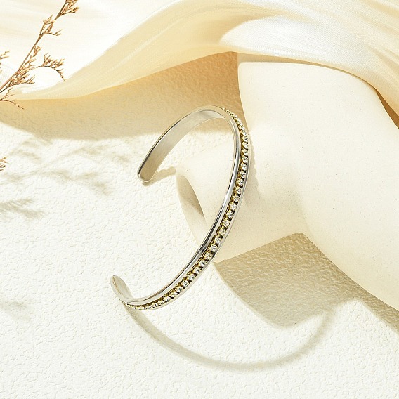 Brass Crystal Rhinestone and 201 Stainless Steel Open Cuff Bangles