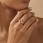 Brass Micro Pave Colorful Cubic Zirconia Cuff Rings, Leaf & Flower Open Rings for Women