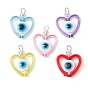 Transparent Acrylic Pendants, with Resin Beads and 6/0 Glass Seed Beads, Heart with Evil Eye