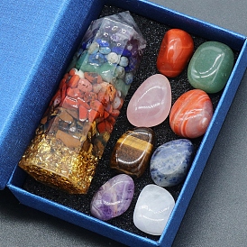 Tumbled Stone & Hexagonal Prism Mixed Natural Gemstone Ornaments Set, Reiki Energy Stone Display Decorations