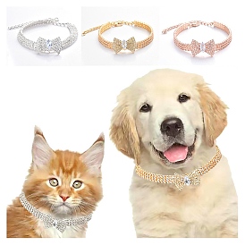 Adjustable 3-Row Brass Micro Pave Cubic Zirconia Cup Chain Pet Collars, Slider Bowknot Cat Dog Choker Necklace