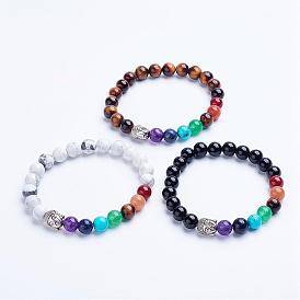 Chakra Jewelry, Natural Gemstone Beaded Stretch Bracelets, with Alloy Spacer Beads, Antique Silver