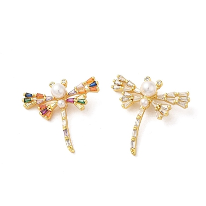 Brass Micro Pave Clear Cubic Zirconia Pendants, Cadmium Free & Lead Free, with Shell, Real 16K Gold Plated, Dragonfly