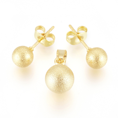 304 Stainless Steel Jewelry Sets, Ball Stud Earrings and Pendants, with Ear Nuts, Textured