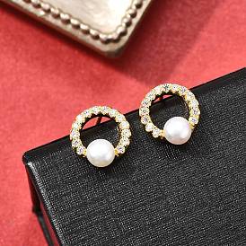 925 серьги-гвоздики из стерлингового серебра с прозрачным кубическим цирконием, с имитацией жемчужины из ракушки