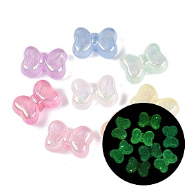 Luminous UV Plating Transparent Acrylic Beads, Iridescent, Bowknot, Glow in the Dark, with Gold Powder