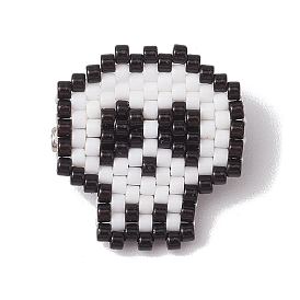 Halloween Skull Glass Seed Beads Brooch, with Iron Pins