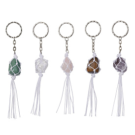 Nylon Pouch Wrap Natural Gemstone Holder Keychains, with Iron Keychain Ring