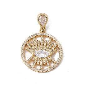 Brass Micro Pave Clear Cubic Zirconia Pendants, Cadmium Free & Nickel Free & Lead Free, Rack Plating, Flat Round with Eye Pattern