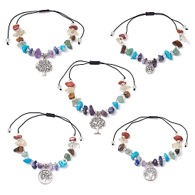 Chakra Natural & Synthetic Gemstone Braided Bead Bracelets, Adjustable Tree of Life Alloy Charm Bracelets for Women