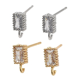 Brass Micro Pave Cubic Zirconia Studs Earrings Finding, Long-Lasting Plated, Lead Free & Cadmium Free, Rectangle