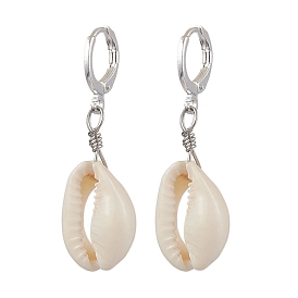 Natural Cowrie Shell Leverback Earrings, with Brass Earrings