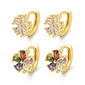 Brass Micro Pave Cubic Zirconia Hoop Earring, Real 18K Gold Plated, Flower