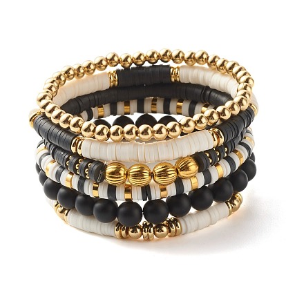 Handmade Polymer Clay Heishi Beads Stretch Bracelets Set, Synthetic Black Stone Beads Stone Bracelets for Women